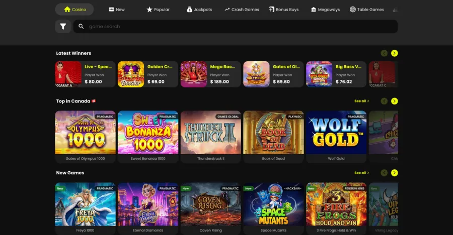 Bluffbet casino lobby with top games in Canada