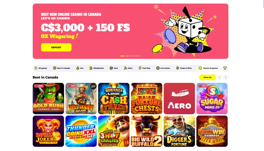 Let’s Go Casino lobby with the Canadian welcome offer