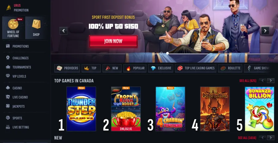 Mafia Casino lobby with top games in Canada