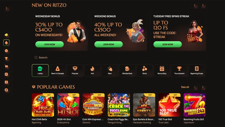 Ritzo casino lobby with weekly bonuses and popular games