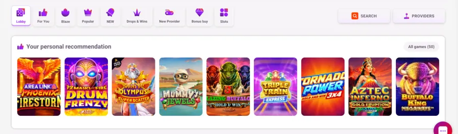 TonyBet casino lobby with game categories
